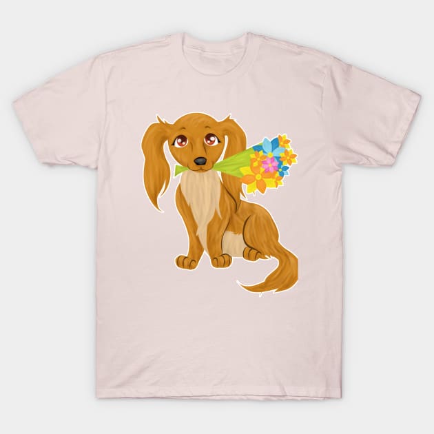 Puppy with Flower Bouquet T-Shirt by SakuraDragon